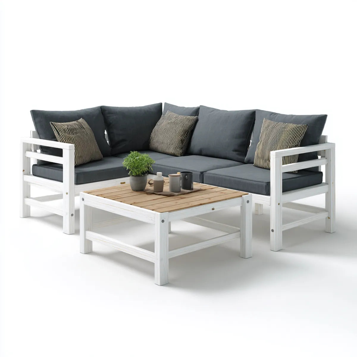Sofa ogrodowa, Taras loungeset narożna sofa biała 220 x 220 cm sosna lita drewno kształt litery L ze stołem kawowym