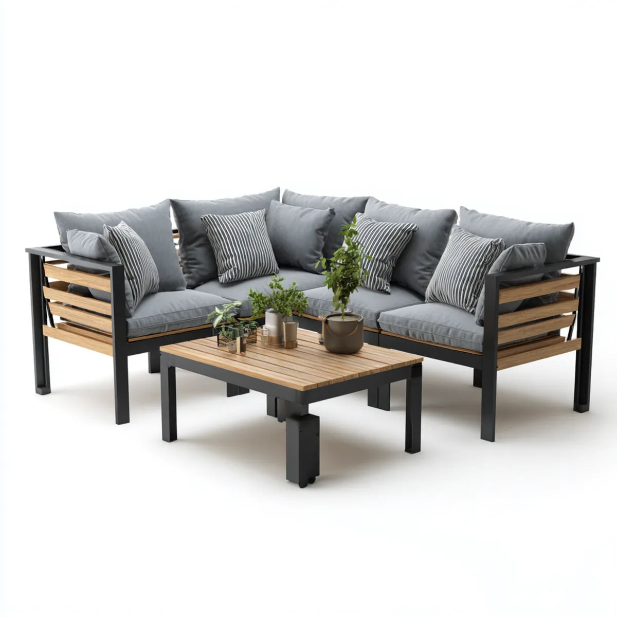 Sofa ogrodowa, Ogród Lounge narożna kanapa zestaw z stolikiem do kawy szary czarny Naturalna 210 x 210 cm stali acacia drewna kształt litery L