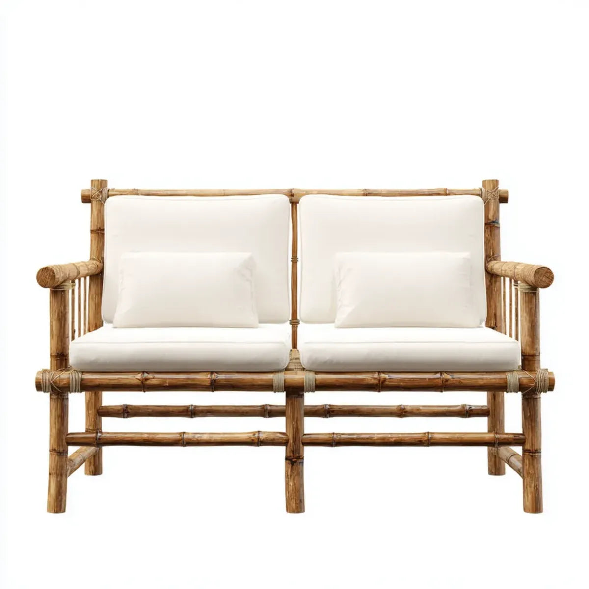 Sofa ogrodowa, 2-osobowy taras sofa naturalny biały 136 x 75 x 85 cm bambusa z poliestrową tapicerką