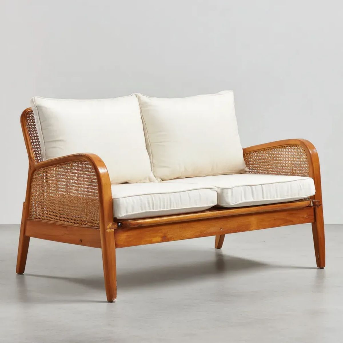 Sofa, 2-osobowa drewniany sofa i naturalna rattan brązowy z poduszkami w ramce 130 x 75 x 80 cm