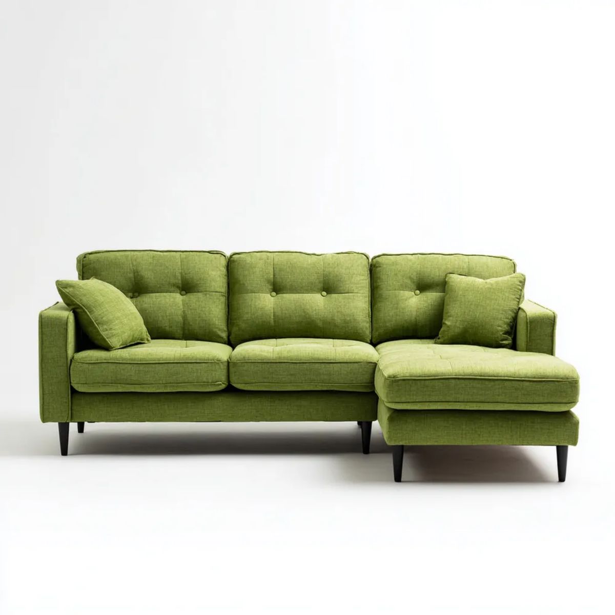 Sofa, 3-osobowa sofa z melioran w oliwie oliwkowej zielona tkanina, czarne nóżki, 260 x 160 x 85 cm