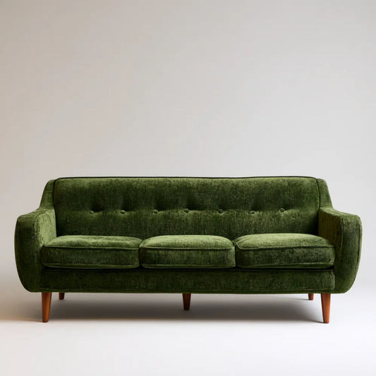 Sofa, 3 kwadratowe proste sofa w oliwie oliwkowej zielona w żeberka wiklinowy z drewnianymi nóżkami, 200 x 85 x 82 cm