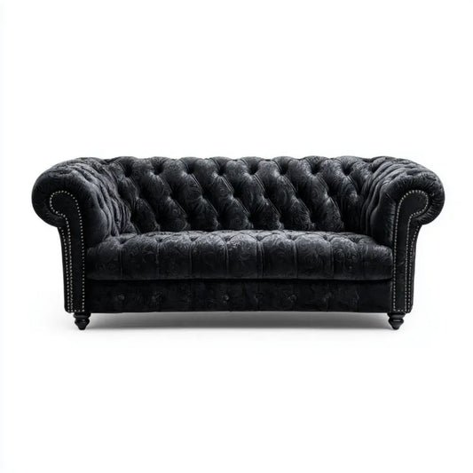 Sofa, Chesterfield sofa 2 fotele czarne ze skóry syntetycznej, 180 x 90 x 75 cm