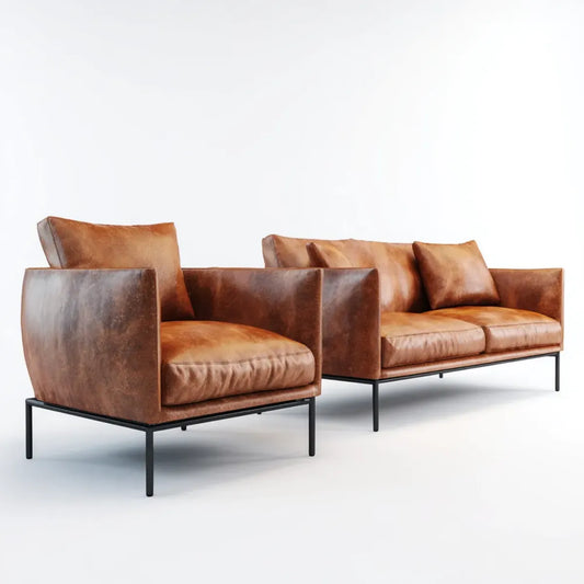 Sofa, Zestaw sofy 2- część Cognac PU sztuczna skóra prostokątna 3-fotel 210 x 88 x 78 cm fotel 92 x 88 x 78 cm