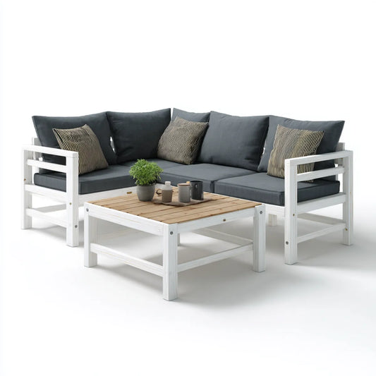Sofa ogrodowa, Taras loungeset narożna sofa biała 220 x 220 cm sosna lita drewno kształt litery L ze stołem kawowym