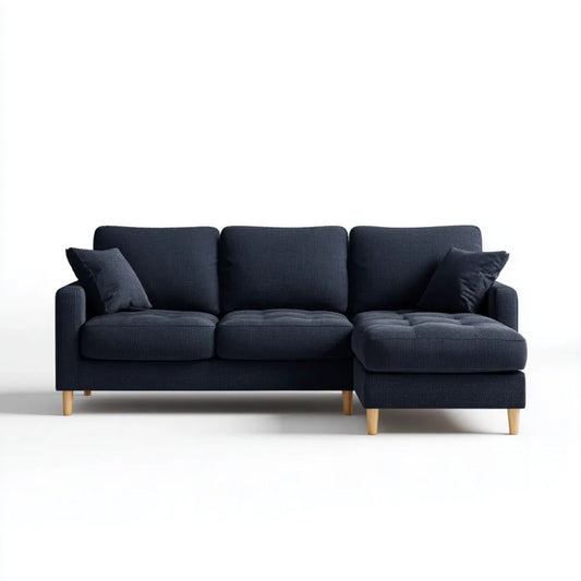 Sofa, 3-osobowa sofa z syrop z syrop z melimoriany w niebieskim poliestrze, 230 x 150 x 85 cm