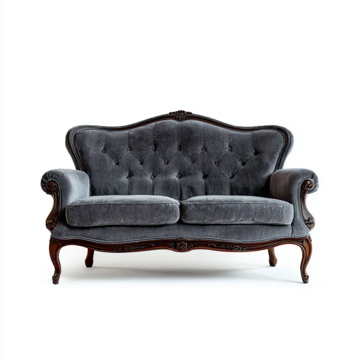 Sofa, Szara 2-osobowa sofa w poliestrze żebrowana betonowa z ciemnobrązowym drewnianym konstrukcją, 165 x 85 x 105 cm