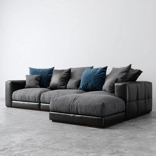 Sofa, Kanapa narożna z czarnym antracytem z prawej ottomańskiej 300 x 170 x 85 cm z poliestru i PU