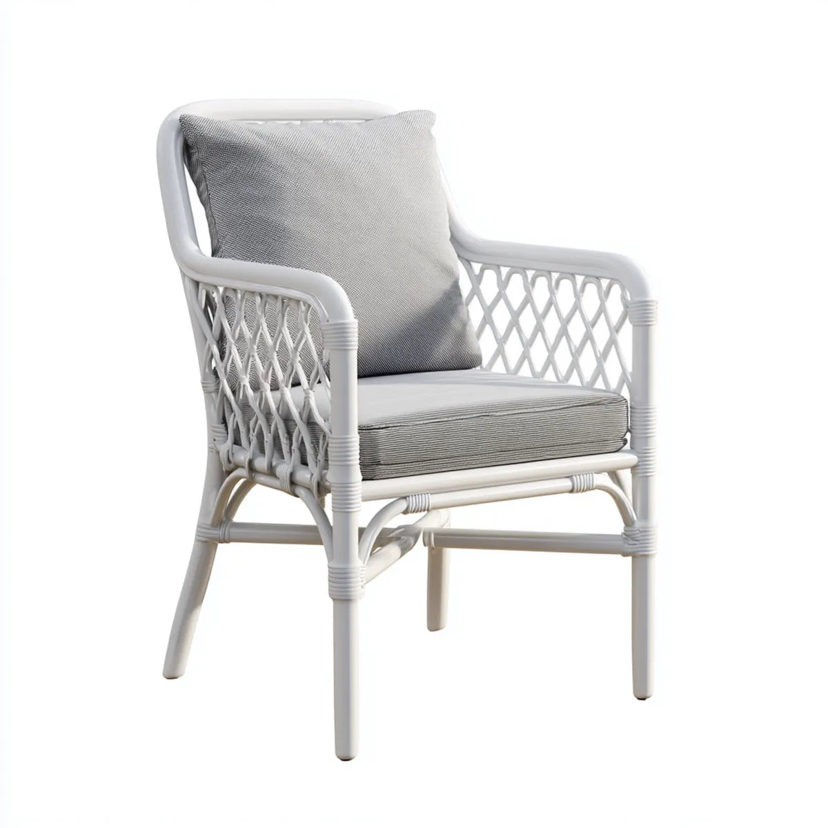 Fotel, Białe krzesło siedzące rattan z szarymi poduszkami z zaokrąglonym tyłem 67 x 72 x 87 cm