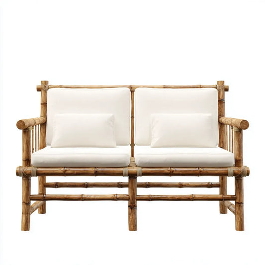 Sofa ogrodowa, 2-osobowy taras sofa naturalny biały 136 x 75 x 85 cm bambusa z poliestrową tapicerką