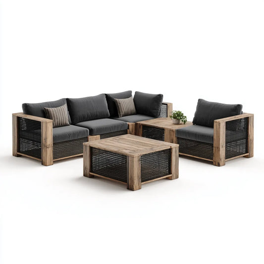 Sofa ogrodowa, Ogrodowa grupa wypoczynkowa 4-częściowa antracyt naturalny brązowy z drewna akacjowego i rattanu PE prostokątna z 3-fotela 210 x 80 x 75 cm fotel 95 x 80 x 75 cm sto, 110 x 60 x 45 cm, 70 x 70 x 45 cm