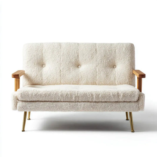 Sofa, 2-osobowa kremowy sofa w poliestrowym zatrzasku z podłużnymi listwami w wytłoczonym drewnie, 130 x 76 x 82 cm